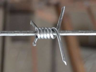 A roll of galvanized single twist barbed wire and a detail of single strand and twist.
