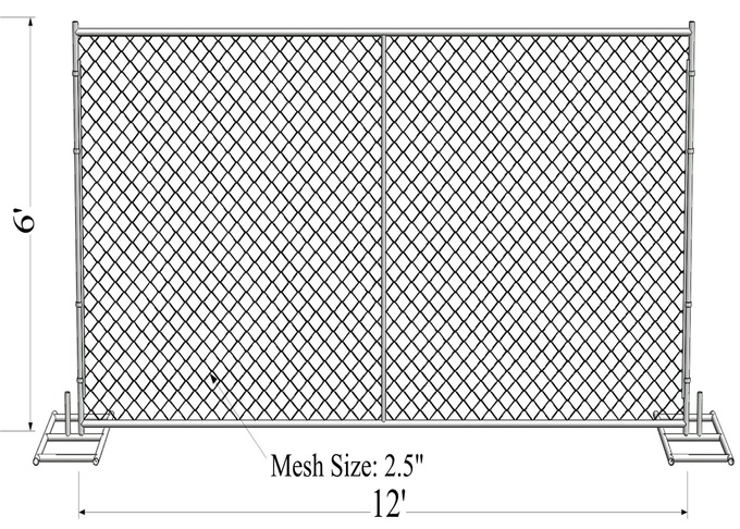 8'x12' construction chain link fence panels 1⅝"(41.2mm) with a wall thickness 16ga /1.6mm mesh aperture 2&frac14;"x2&frac14;"(57mmx57 12