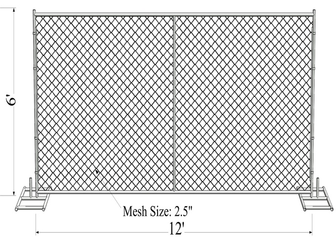 8'x12' construction chain link fence panels 1⅝"(41.2mm) with a wall thickness 16ga /1.6mm mesh aperture 2¼"x2¼"(57mmx57 12