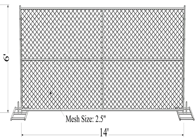 8'x12' construction chain link fence panels 1⅝"(41.2mm) with a wall thickness 16ga /1.6mm mesh aperture 2¼"x2¼"(57mmx57 13