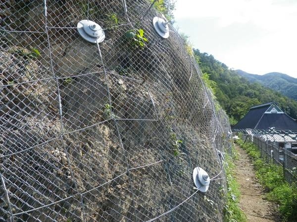 A section of slope is covered with a piece of galvanized chain link fence for protection.