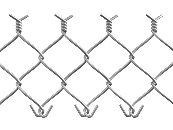 A piece of commercial stainless steel chain link fence with knuckled and twisted (barbed) edge.