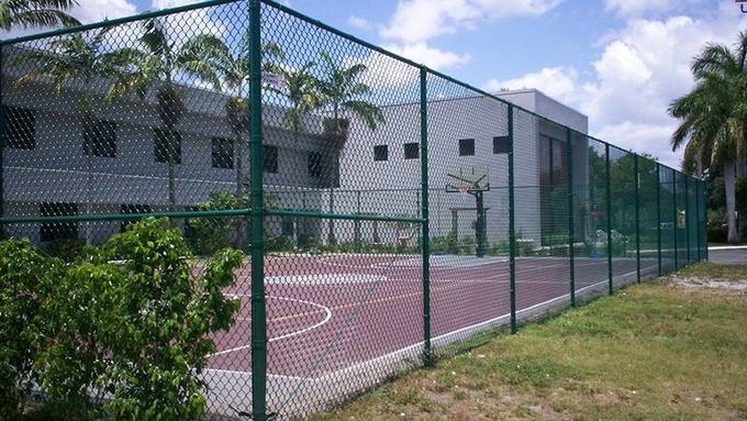 Green vinyl-coated basket ball chain link fence.